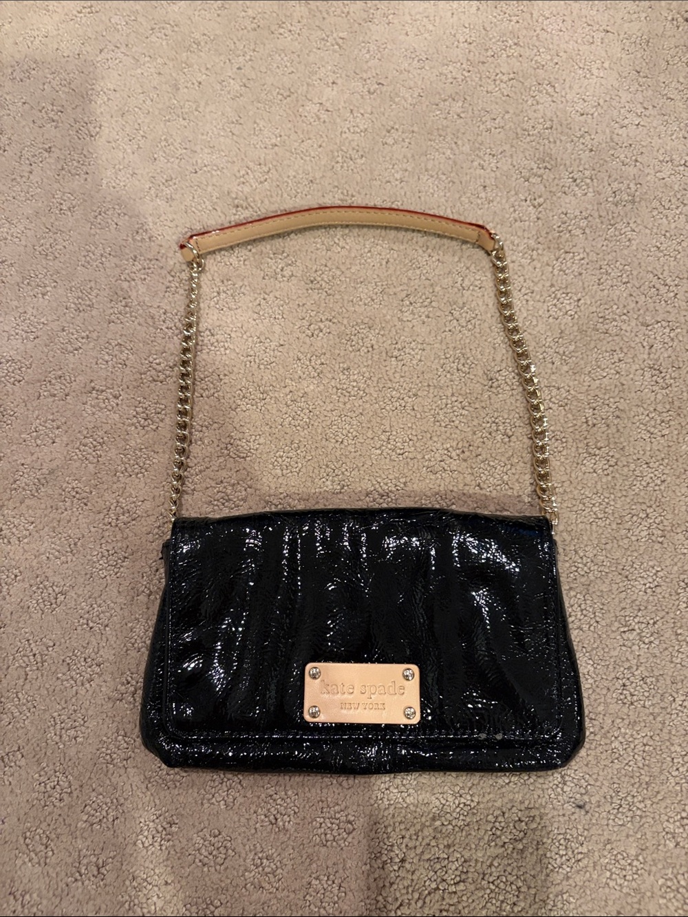 kate spade Black Patent Leather Chain Strap Wristlet with Gold Plaque